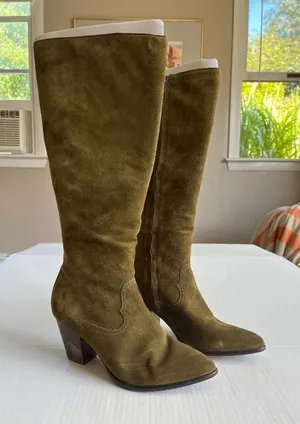 Frye Reed Sz 7M Olive Green Suede Side Zipper Tall Casual Dress Heeled Boots thumbnail 1