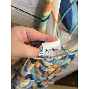 Sky to Moon Retro Swirl Print Ruched Mini Dress Blue Orange Cowl Neck Large thumbnail 6