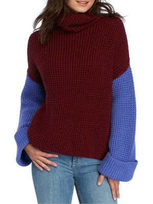 Free People Women's M Colorblock Chunky Turtleneck Sweater Multicolor thumbnail 1
