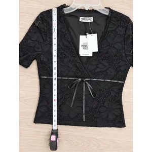 Princess Polly Black Floral Lace Wrap Top Size 10 NWT Ribbon Tie Long Sleeve thumbnail 11