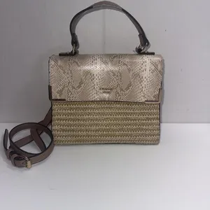 Dune London Embossed Snake‎ Print Designer Lux Crossbody Gold Straw Wicker Purse thumbnail 3