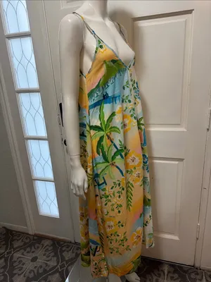 Farm Rio Tropical Floral Slip Dress in Yellow, Blue & Green Size Small thumbnail 9