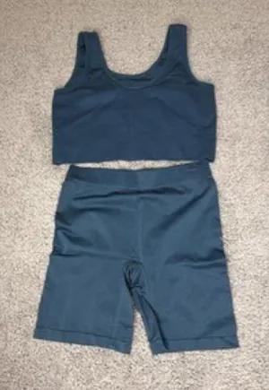 Women SHEIN Seamless Ribbed Activewear Set Sports Bra Biker Shorts Blue Large thumbnail 1