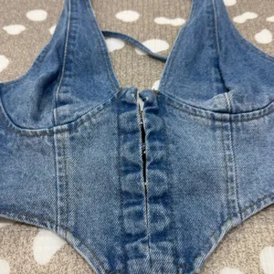 Edikted denim corset top cropped Katrina Lace Up halter scoop vneck thumbnail 3