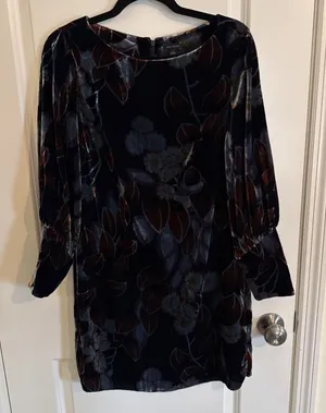 Ann Taylor Navy Floral Velvet Puff Sleeve Dress Size 2 thumbnail 1