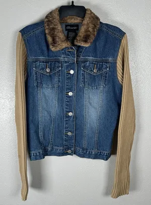 Y2K No Boundaries Fur Collar‎ Denim Jacket Sweater Ribbed 2000s Juniors Large thumbnail 1