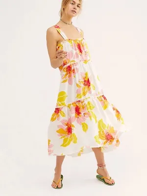 Free People size small floral tropical White Tiered Sundress Pink Yellow Print thumbnail 2