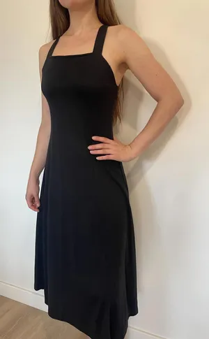 Black Midi Cross Back Square Neck Fit and Flare Dress thumbnail 1
