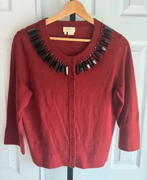 Kate Spade Red Wool Cashmere Beaded Cardigan Women's Size: L thumbnail 1