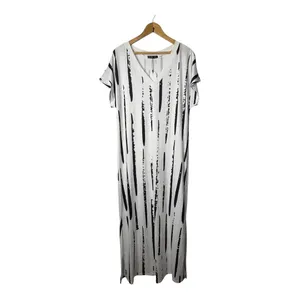 Noracora Abstract Stripe Maxi Dress Medium V-Neck Side Slit Black White‎ NWT thumbnail 5