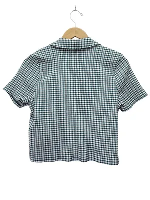 Madewell Mineral Blue Gingham Cropped Button Front Top Medium Stretch Plaid Y2K thumbnail 3