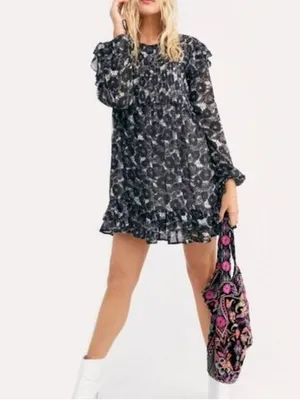 NWT Free People Black and White sheer babydoll long sleeve Floral DRESS thumbnail 5