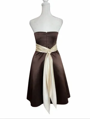 Bill Levkoff Chocolate Brown Satin Strapless Fit Flare Midi Dress Ivory Sash 6 thumbnail 5