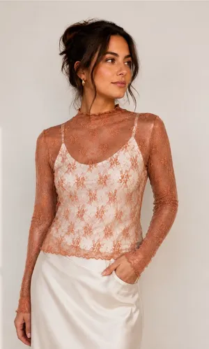 Sheer Floral Lace Mock Neck Long Sleeve Mesh Top Romantic Boho Y2K Brown Size XL thumbnail 1
