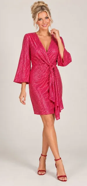Hot Pink Sequined Double Crazy Faux Wrap Dress - Size M thumbnail 1