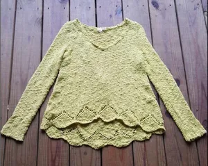 Anthropologie Chartreuse Scalloped Knit Sweater Size Small thumbnail 2