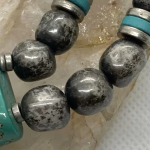 Vintage Japan Silver Tone & Teal 2 Strand Beaded 30'' Necklace Unique‎ 1960s thumbnail 6