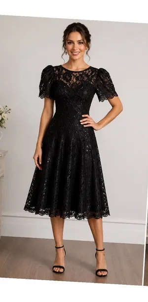 JW Collections‎ Black Vintage Lace Sequin V-Back Cocktail Dress USA Made Size 4 thumbnail 1