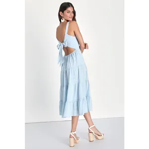 NWT Lulus Freest Feelings Light Blue Plaid Tiered Tie-Back Midi Dress Resort S thumbnail 3