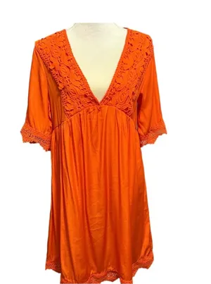 Embroidered V- neck mini dress orange with crochet lace hem sleeves thumbnail 1