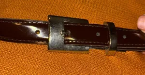 Source Unknown BROWN PATENT LEATHER BELT SILVER BUCKLE 37” LONG FROM TOP OF BUCKLE thumbnail 1