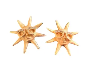 VTG 80’s Gold Clip On Earrings Sun Face w/Sunglasses Rhinestone Bling 1.5 Retro thumbnail 1