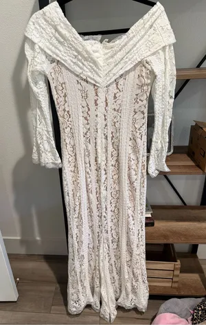 Off-Shoulder Ivory Lace Maxi Dress with Bell Sleeves thumbnail 1