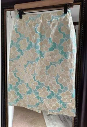Antonio Melanie Pencil Skirt Women's Size 0 Teal Gold Floral Brocade thumbnail 1