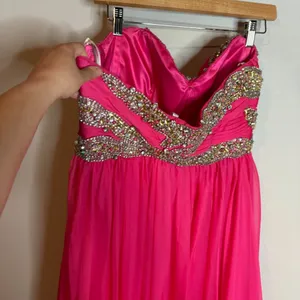 Sherri Hill bright pink embellished strapless formal dress thumbnail 4