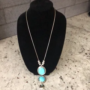 70s inspired Fashion long necklace w faux turquoise stones thumbnail 5