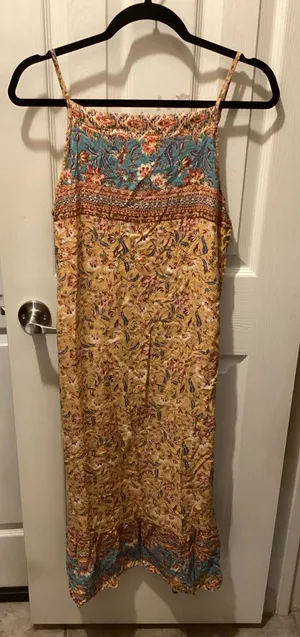 Angie Yellow Floral Midi Dress with Teal Yoke thumbnail 1
