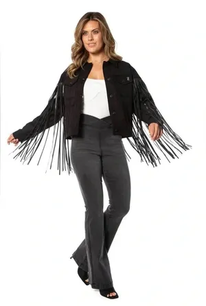 Juicy Couture Black Faux Suede Fringe Trucker Jacket Size Medium thumbnail 1