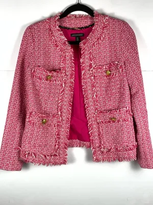 Saks Fifth Avenue Tweed Jacket XS Pink Frayed Trim Open Front Blazer thumbnail 8