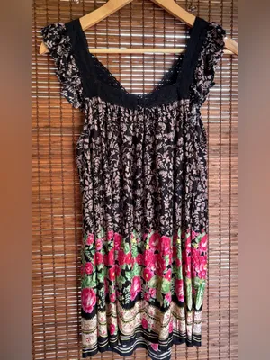 Vintage ANGIE Floral Border Print Crochet Boho Tunic Top Medium NWOT thumbnail 5