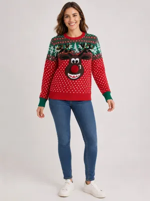Ugly Christmas Sweater Red & Green Reindeer Crewneck thumbnail 3