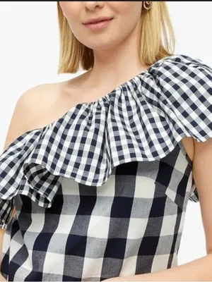 J. Crew Navy and White Gingham Ruffle One Shoulder Blouse Top Sz-4 NWT thumbnail 4