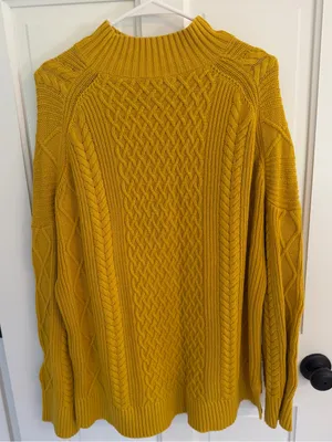 J.Crew Cotton Cable Knit Mockneck Sweater Mustard Yellow Oversized XL thumbnail 1
