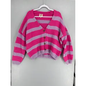 Hippie Rose Womens‎ Cardigan Pink Purple Striped Oversized Knit V-Neck Medium thumbnail 2