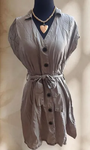 Zara Button-Front Shirt Dress in Olive Taupe thumbnail 1