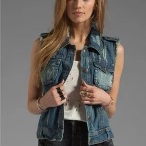 Free People | "Moody Macrame" distressed denim vest with a crochet back, size XS thumbnail 3