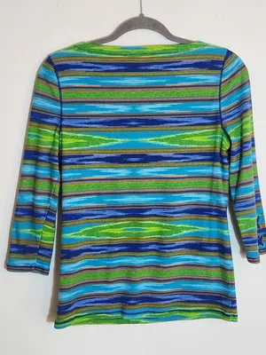 Lauren Ralph Lauren Blue and Green Southwestern Stripe Boat Neck Tee Size Medium thumbnail 4