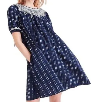 NWT Madewell Embroidered Puff-Sleeve Babydoll Dress Indigo Plaid Size XS Preppy‎ thumbnail 1