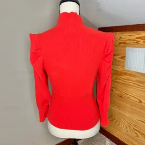 Free People Lala Cropped Puff Sleeve Mock Neck Ribbed Top Red Large L OB861565 thumbnail 3