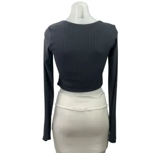 White Fox Women's Dark Gray Ribbed Knit Full Zip Long Sleeve Crop Top Size L thumbnail 3