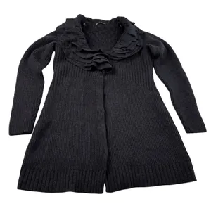 Tahari Long Cardigan Sweater Jacket 100% Merino Wool Size Small Gray Ruffle Snap thumbnail 5