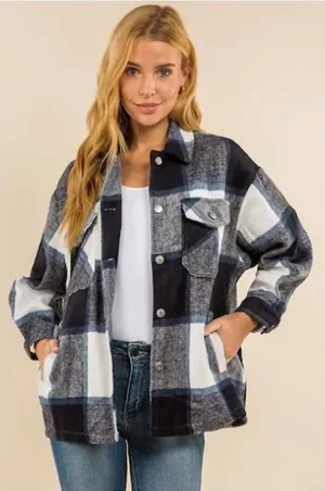 Miss Posh Navy Blue White Plaid Sherpa Lined Shacket Jacket XS thumbnail 1