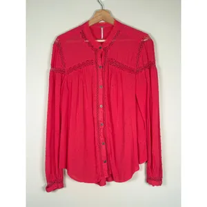 Free People Abigail Victorian Lace Yoke Pink Red Button Up Top Womens‎ Large thumbnail 2