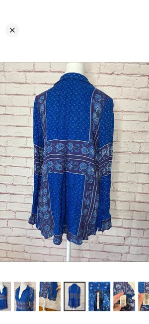 Free People Changing Times Tunic in Blue/Purple Paisley EUC Small. Oversize fit. No stretch. 100% rayon. Elastic and ruffle cuff. Deep v front. Split at hips. 19” bust 26-28” long thumbnail 7