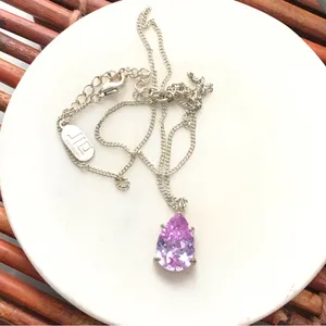 Jennifer Lopez Pink Tear drop Pendant Necklace on Silver Tone chain. thumbnail 4