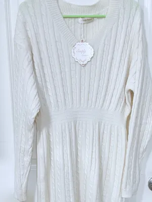 Simply Couture Ivory Cable-Knit V-Neck Long Sleeve Dress thumbnail 2